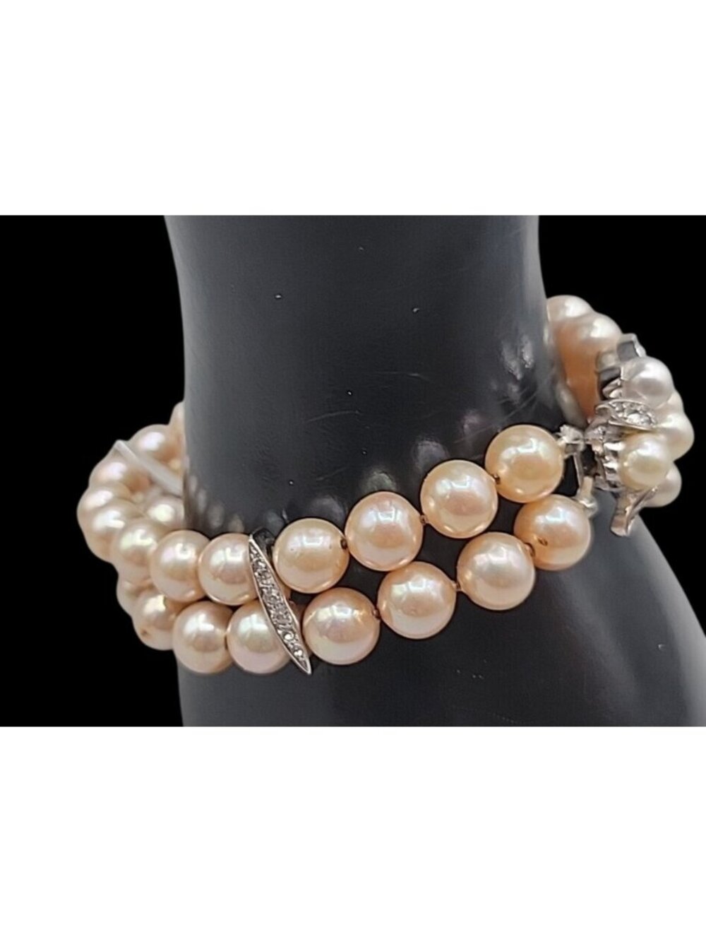 Vintage Panetta Double Strand Champagne Faux Pearl Bracelet Rhinestone Clasp - Picture 2 of 16